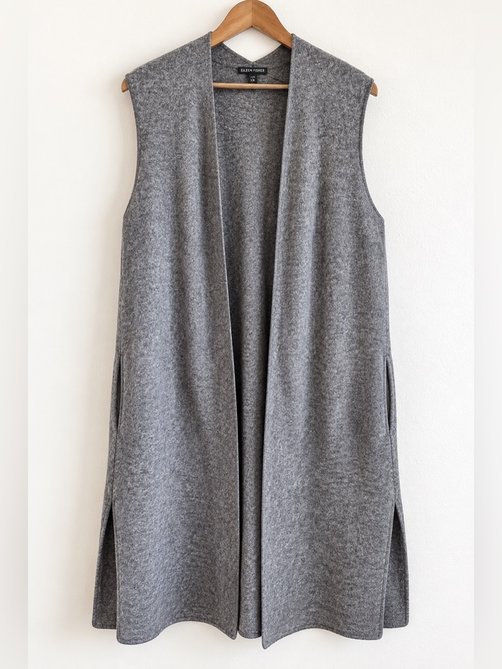 Eileen Fisher Merino Wool Long Vest L Gray Quiet Luxury Minimalist Lagenlook K19